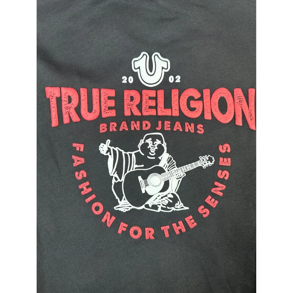 True Religion Mens TNL Puff Buddha Zip Hoodie Jet Black Red Stitch 701039 S